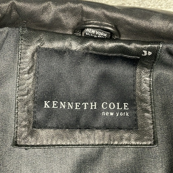 Kenneth Cole Black Leather Full Zip Bomber Jacket Zip Pockets Sz L - Picture 6 of 16